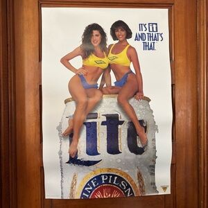 Vintage Miller Lite Beer Poster with Two Models on Top of Beer Can